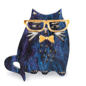 Black Cat Brooch, Bespectacled Cat Brooch, Halloween Cat, Night Cat, Jazz Cat Brooch, Statement jewellery