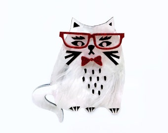 White Cat Brooch, Bespectacled Cat Brooch, Hipster Cat, Geeky Cat Brooch, Statement jewellery, Cat Jewellery