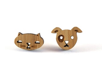 Cat & Dog Earring Studs, Mismatched earrings, Wood cat and dog, quirky jewellery