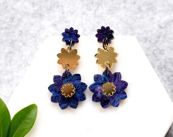 Black Daisy Earrings, Black and gold flower earrings, Floral statement earrings, Three tier flower drop earrings, Large floral earrings