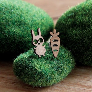 Bunny & Carrot Bamboo Earring Studs, Mismatched Earrings, Quirky jewellery, Rabbit and carrot earrings, Easter Bunny image 1