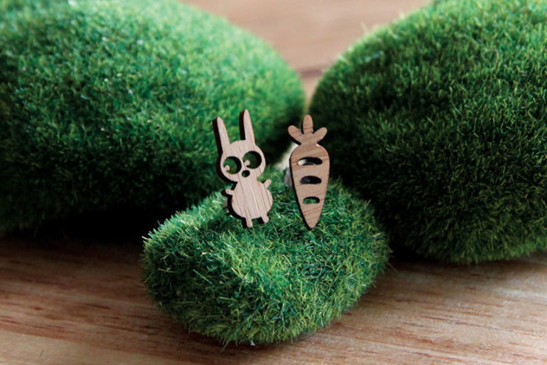 Bunny & Carrot Bamboo Earring Studs, Mismatched Earrings, Quirky jewellery, Rabbit and carrot earrings, Easter Bunny image 1