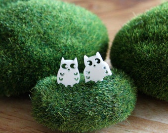 White Owl Earring Studs, Owl Earrings, quirky jewellery, mismatched earrings