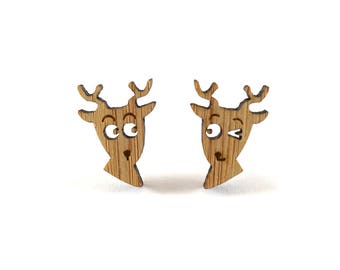 Oh Deer Earrings, Deer Stud Earrings, Mismatched Earrings, Wood Deers, Quirky Jewellery