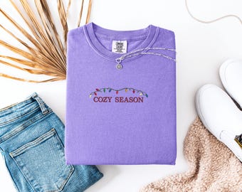 Comfort Colors Cozy Season Embroidered Sweatshirt, Christmas Lights Crewneck, Minimal Winter Embroidered Shirt, Holiday Crewneck