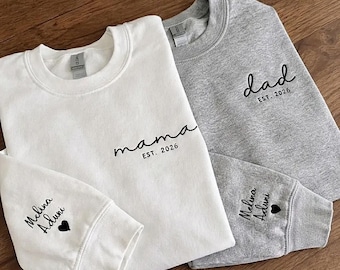 Dad Embroidered Sweatshirt, Custom Mama Shirt With Names, Heart On Sleeve, Daddy Est Year Hoodie, Gift For New Dad, Mother's Day Gift