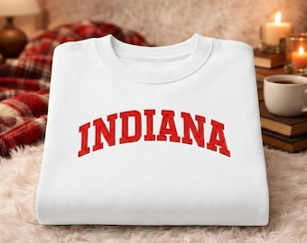 Indiana Style Embroidered Crewneck – Vintage College Letter Sweatshirt, Cozy Red Text Pullover, Game Day Inspired Unisex Top