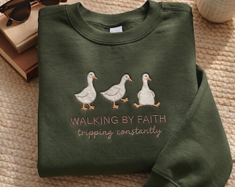 Embroidered Walking by Faith Tripping Constantly, Inspirational Sweatshirt, Hoodie, Shirt, Christian Shirt, Minimal Christian Shirt