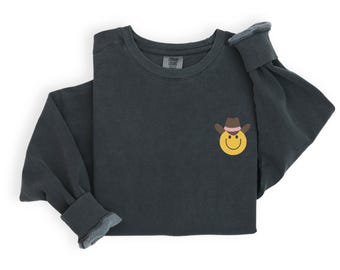 Comfort Colors Embroidered Happy Face Smile Sweatshirt , Smile Hoodie, Funny Shirt, Party Shirt, Cute Gift for Her, Motivational Shirt