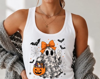 Cute Halloween Ghost Tank Top, Spooky Season Bow Tank, Women's Fall Graphic Tank, Cute October Apparel