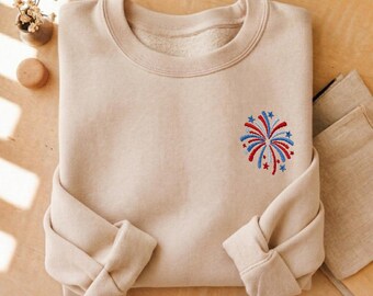 Embroidered 4th of July Sweatshirt, Patriotic Fireworks Crewneck, American Flag Shirt, Independence Day Sweater
