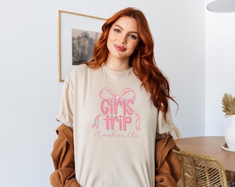 Girls Trip Nashville Shirt, Matching Bachelorette Weekend Tee, Women's Friends Vacation Shirt, Pink Bow Travel Graphic Tee