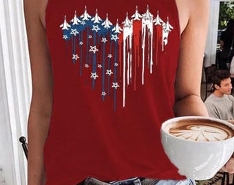 Patriotic Fighter Jet Tank Top, USA Flag Airshow Shirt, Fourth of July Outfit, Red White Blue Graphic Tank, Independence Day Apparel