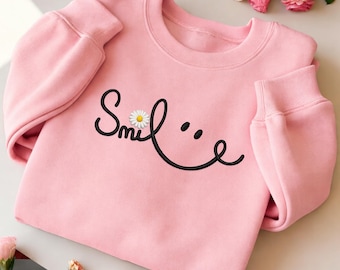 Embroidered Daisy Smile Sweatshirt, Positive T Shirts, Cute Fall Hoodie, Floral Shirt For Women, Women's Flower Sweatshirt