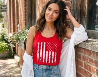 American Flag Tank Top for Women, USA Fourth of July Racerback Tank, Distressed Flag Graphic Tee, Comfort Colors Independence Day Summer Top