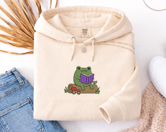 Comfort Colors Embroidered  Frog on Log Reading Book Sweatshirt, Trendy Tee