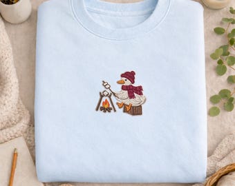 Embroidered Santa Goose Campfire Sweatshirt, Cozy Christmas Crewneck, Holiday Goose Sweater, Winter Bird Gift, Festive Outfit