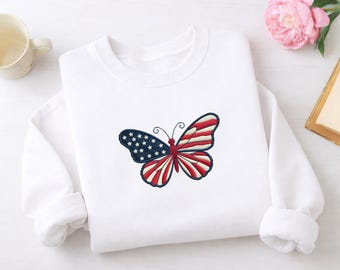 Patriotic American Flag Butterfly Sweatshirt, USA Stars and Stripes Freedom Design, Unique Graphic Apparel