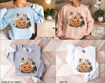 Cute Halloween Cat Sweatshirt, Pumpkin Kitten Crewneck, Vintage Fall Cat Shirt, Spooky Season Pullover, Cat Lover Halloween Gift
