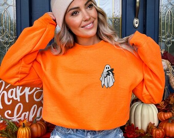 Ghost Sweatshirt, Halloween Boo Crewneck, Black Cat Fall Sweater, Cute Spooky Season Shirt
