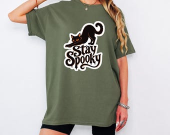 Stay Spooky Black Cat Halloween Shirt, Cute Halloween Cat Graphic Tee, Spooky Season Cat Shirt