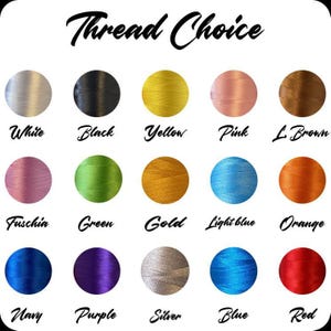 a collection of twelve different thread colors, each with a corresponding label, arranged in a grid format.