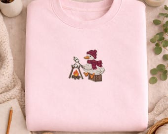 Embroidered Santa Goose Campfire Sweatshirt, Cozy Christmas Crewneck, Holiday Goose Sweater