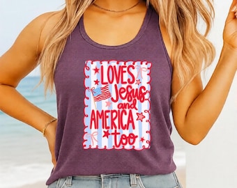 Loves Jesus and America Too Tank Top 4th of July Comfort Colors Patriotic Coquette Bow Shirt American Flag Shirt Preppy Red White Blue Shirt