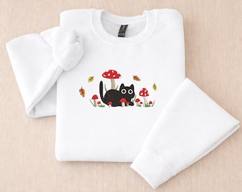Embroidered Cute Black Cat Mushroom Sweatshirt, Kawaii Cat Shirt, Cottagecore Aesthetic Top, Fall Forest Graphic Tee