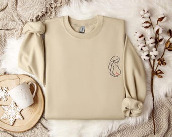 Pregnant Woman Embroidered Shirt, Maternity Embroidery Design Tee, Baby Bump Embroidered Shirt, Embroidered Gift For Mom, Mom Sweatshirt