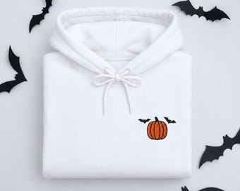 Halloween Pumpkin Embroidered Shirt, Cute Pumpkin Tee, Minimal Fall Shirt, Bat Pumpkin Graphic, Autumn Halloween Tee
