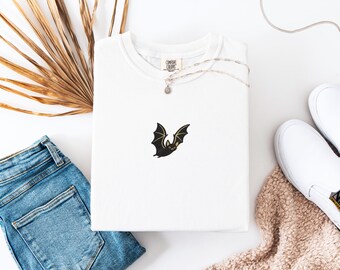 Comfort Colors® Bat Embroidered Shirt, Minimal Halloween Embroidery Tee, Cute Spooky Season Shirt, Gothic Fall Graphic Tee