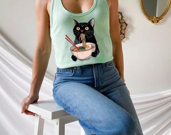 Cat Eating Ramen Tank Top, Funny Cat Lover Gift, Cat Lover Gift