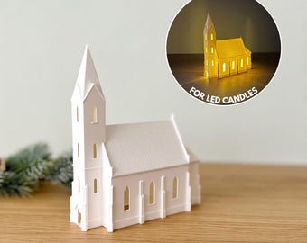 Church LED Candle Holder STL File for 3D Printing | Minimalist Christmas Village Decor