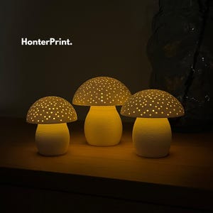 May include: Three white mushroom-shaped lamps with textured stems and perforated caps that emit a warm yellow glow. The caps feature numerous small circular cutouts. The text HonterPrint. is visible in the upper left corner of the image.