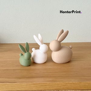 Pode incluir: Três figuras decorativas de coelhos em tamanhos e cores variadas. O menor é verde, o do meio é branco e o maior é bege. Os coelhos são exibidos em uma superfície de madeira. O texto "HonterPrint." está no canto superior direito.