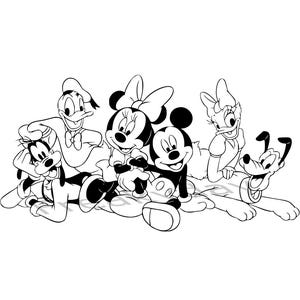 May include: Black and white line drawing of Mickey Mouse, Minnie Mouse, Donald Duck, Goofy, Pluto, and Daisy Duck. The characters are all smiling and appear to be friends.