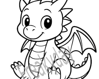 SVG - Cute Baby Dragon Clipart - Fantasy Animal Outline - Kawaii Dragon - Printable Coloring Page - Digital Download - Cut File