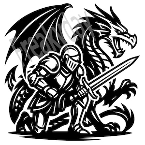 SVG - Knight and Dragon Silhouette - Medieval Fantasy Battle Design - Digital Download- Cut File