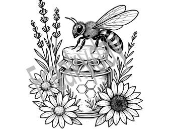 SVG - Bee on Honey Jar SVG: Sunflower Cottagecore Design (Digital Download)