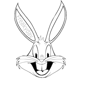 May include: Black and white line drawing of Bugs Bunny's face. He is smiling with his teeth showing. His ears are long and floppy.