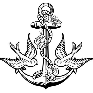 Peut inclure: Une illustration en noir et blanc d'une ancre avec deux oiseaux perchés dessus. L'ancre est ornée d'une corde et de roses.