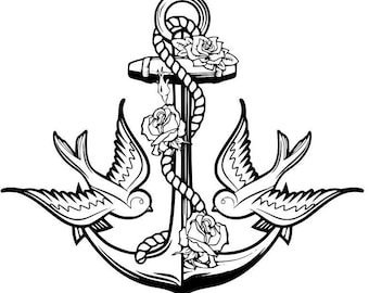 SVG - Ancla con Golondrinas y Rosas - Diseño de Tatuaje Náutico - Descarga Digital - Archivo de Corte