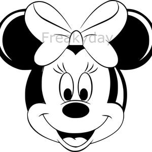May include: Black and white illustration of a cartoon mouse with large ears and a bow. The mouse has a big smile and large eyes.