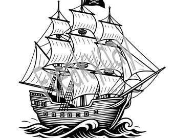 SVG - Pirate Ship SVG: Vintage Nautical Clipart with Skull Flag (Digital Download)