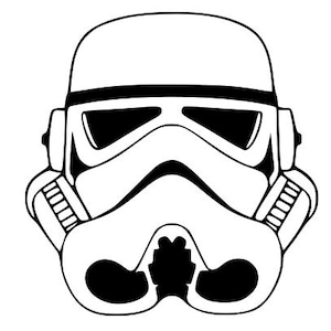 May include: A black and white illustration of a Star Wars Stormtrooper helmet.
