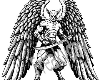 SVG - Dark Angel Warrior with Sword - Mythical Winged Demon Clipart - Fantasy Battle Design - Digital Download - Cut File