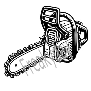 Puede incluir: Ilustración en blanco y negro de una motosierra. La hoja de sierra está a la izquierda, con dientes afilados. El cuerpo de la sierra tiene un asa y un asa superior. El texto "Freaky" está marcado al agua en la imagen.