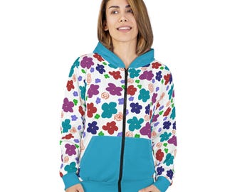 Floral Print Zip-Up Hoodie - Colorful Flower Pattern Hooded Sweatshirt