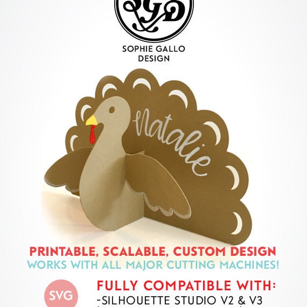 3D Thanksgiving Holiday Turkey Place Card SVG, & DXF digital download files Silhouette Cameo Cricut vector clipart graphic Vinyl Cut Machine